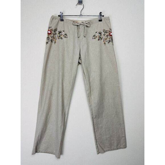 Vtg 90s Y2K BONGO Low Rise Sz M Linen Cotton Floral Embroidered Wide Leg Pants - Picture 1 of 11
